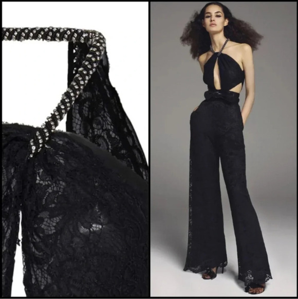 DUNDAS Pants - NEW Dundas Jumpsuit Black Halter Cutouts Embellished Open Back Lace Wide Pants